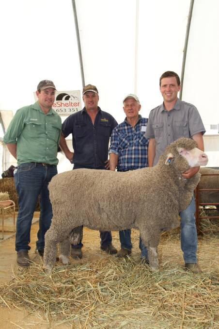 With the $5000 second top-priced ram at the Manunda sale are Mitchell Crosby (left), Landmark Breeding, Dustin McCreery, Chatfields Nursery/Engineering, Tammin, with his father Brian McCreery, TB & SM McCreery, Kalannie, who purchased the ram and Scott Button, Manunda stud, Tammin.