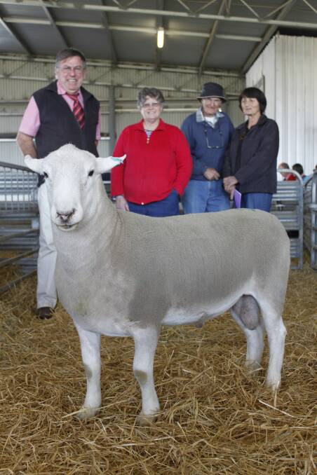 With the $1750 top-priced Coolalee ram of the sale were Elders Jerramungup and Borden branch manager David Halleen (left), Pingamup Creek stud principal Erica Russell, Jerramungup and buyers Trevor and Sophie Major, Muntadgin.