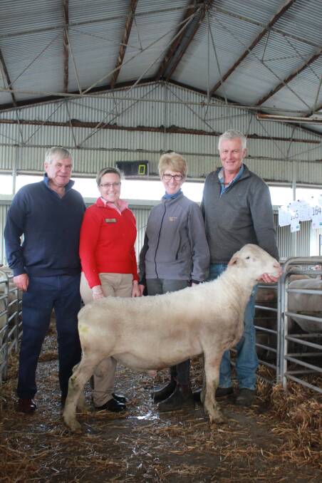 The equal top price of the BreedersBEST Genetics ram sale last week were two Kojak rams which both sold to Will Harvey, Harvey Family Trust, Kojonup, for $3500 each. Pictured with one of the rams were buyer Will Harvey (left), Elders Kojonup branch manager Kerryn Mickle and BreedersBEST Genetics principals Liz and Craig Heggaton.