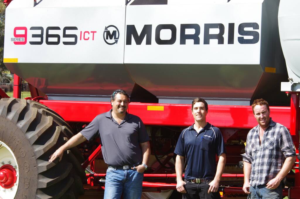 McIntosh Distribution's Max Herbert (left), McIntosh & Son Wongan Hills sales representative Tom Slatyer and York grower Simon Chipper with the family's Morris 9365 air cart with Input Control Technology (ICT). Simon says the "section control'' saved them at least $35,000 in total product. This was also from completing just two-thirds of their program due to late ordering of the machine.