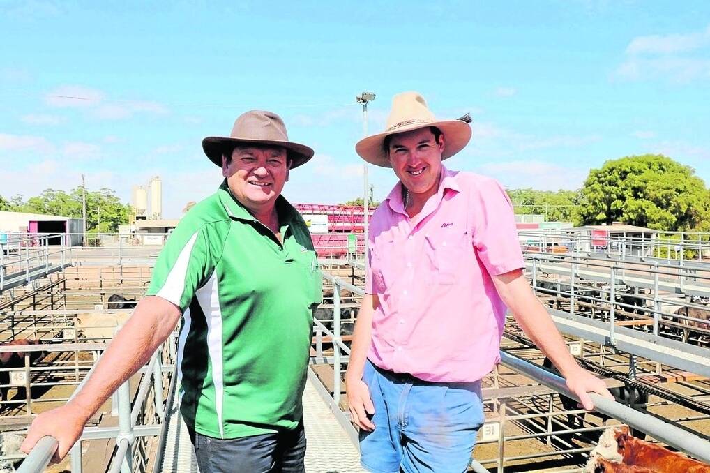 With small number of cattle to pen Brett Chatley (left), Landmark Manjimup and Cameron Harris, Elders Manjimup, discussed the state of the cattle industry before the sale started.
