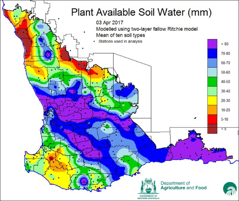 Plant available soil water at  April 3, 2017, estimated using a simple two-layer model and assuming fallow conditions. The model uses daily rain from BoM and DAFWA stations since November 2016.