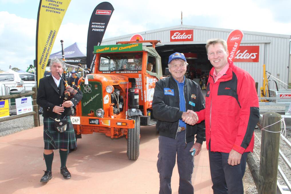 Bagpiper and Koorda farmer Llewyn Green (left) serenaded Tail-End Charlie into the Elders Pavilion at last week's GWN7 Dowerin Machinery field days watched by sponsor Elders west zone general manager, James Cornish (right) and co-driver Ron Bywaters
