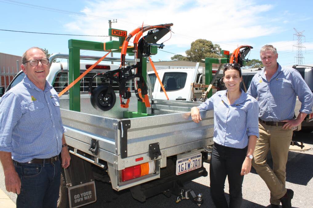 Primaries CRT merchandise manager Fred Lyon (left), Bibra Lake, company agronomist Courtney Humphry, York and company branch manager Dane McGill, Mt Barker, check out one of three Ausplow DBS modules to be used by the company to explain liquid delivery to farmers. Ausplow has designed a system where three or more products can be delivered simultaneously in-furrow, with delivery behind the press wh