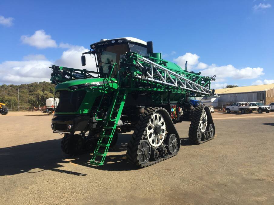  The new Goldacres G8 self-propelled boomsprayer on tracks, pictured at Goldacres dealer Staines Esperance last week before being delivered to a local farmer.
