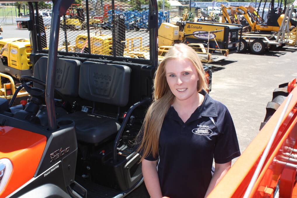  Bunbury Machinery salesperson Melissa Davies is heading into her second year with the company and has started with a positive outlook. At one time, she was an Australian motocross champion but it was 	on something a bit more powerful and sleek than this Kubota RTV Utility vehicle. Still, this popular unit is a must-have on many farms as an all-purpose worker. 