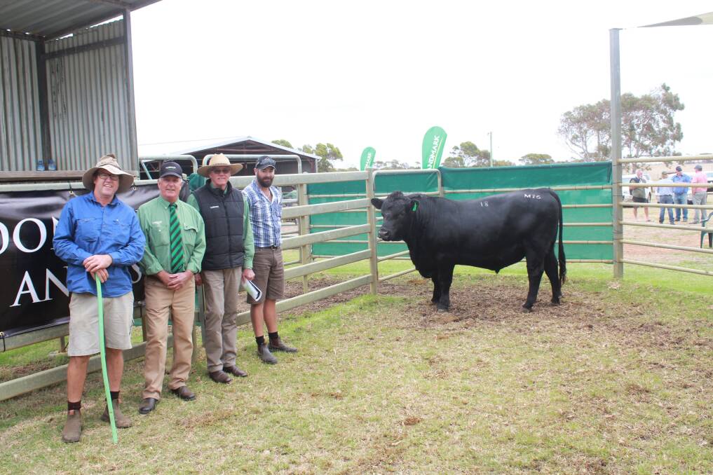  With one of two bulls that sold for the second top price of $18,000 at the Coonamble Angus bull sale were Coonamble principal Craig Davis (left), Landmark southern livestock manager Bob Pumphrey and buyers Landmark Mt Barker agent Harry Carroll and his son Jarrod, Rayview Park, Kalgan.