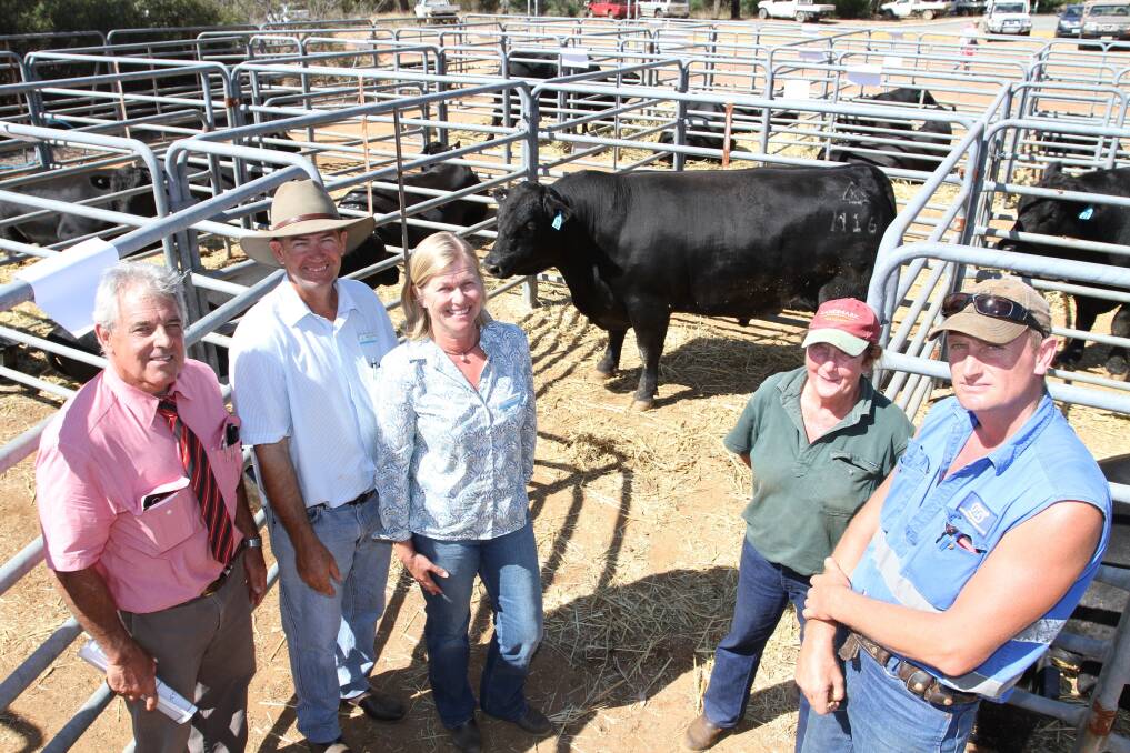 With the sale's $12,000 second-top priced bull Kapari Traction M16 were Elders Midlands representative Preston Clarke (left), Kapari stud principals Tony and Liz Sudlow, Northampton and buyers Sue Forrester and Sefton Todd, Durawah Pastoral and Livestock Carriers, Chapman Valley.