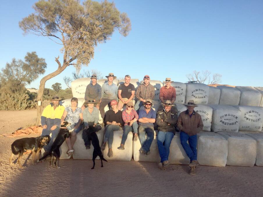 Rawlinna station mustering and yard crew take a break from work to pose on some of the 1500 bales of Merino wool shorn over the past 10 weeks.  On the top row is Lino Dauderp (left), Niklas Peter, Ben Cais, Joseph Daykin and Martin Oestergaard.  Bottom row is Depot outstation overseers Glenn Rogers (left) and wife Judy (cook), with Jessica Charles, Rosie Hazlewood, Mia Howley, John ‘Panda’ Carn, A