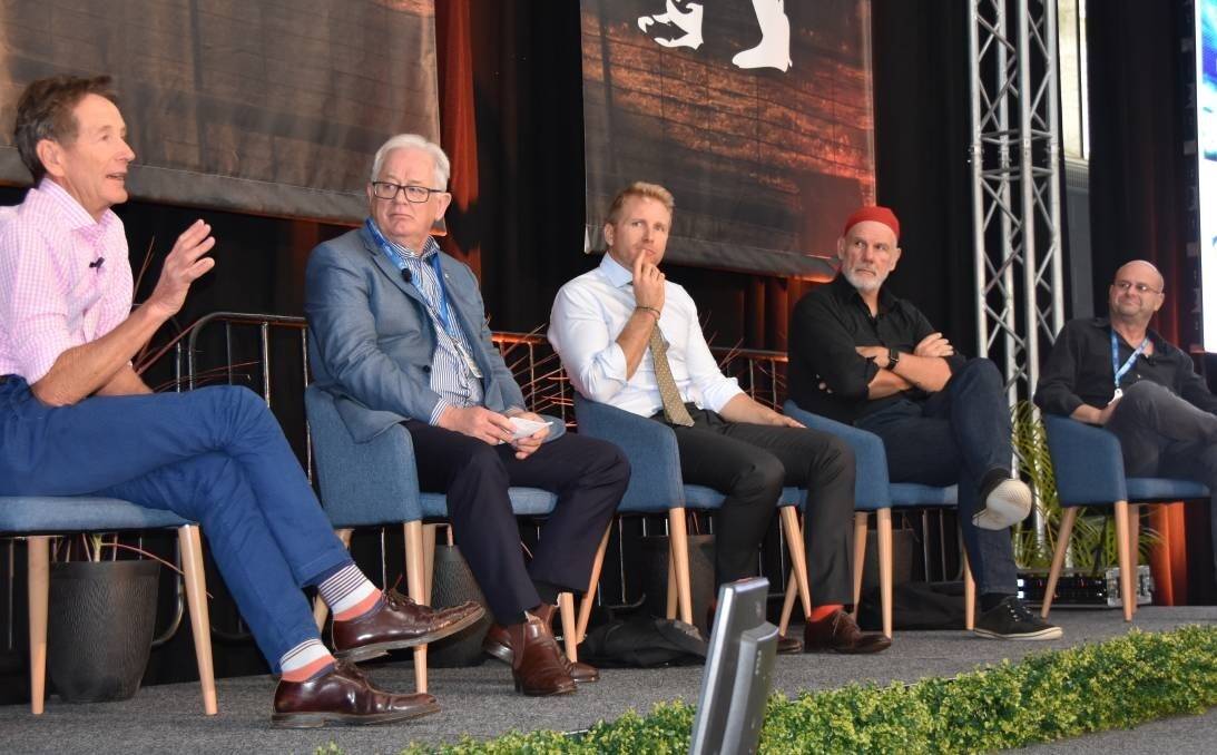 Disruption discussion panelists, Paul Barry, Andrew Robb, Hamish Macdonald, Peter Fitzsimons and Neer Korn at the Beef Australia symposium.