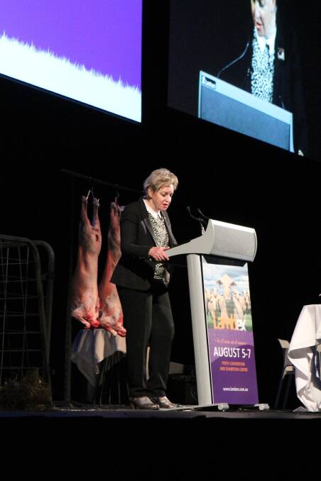 p WA Agriculture and Food Minister Alannah MacTiernan, speaking at LambEx 2018 at the Perth Convention and Exhibition Centre on Monday.