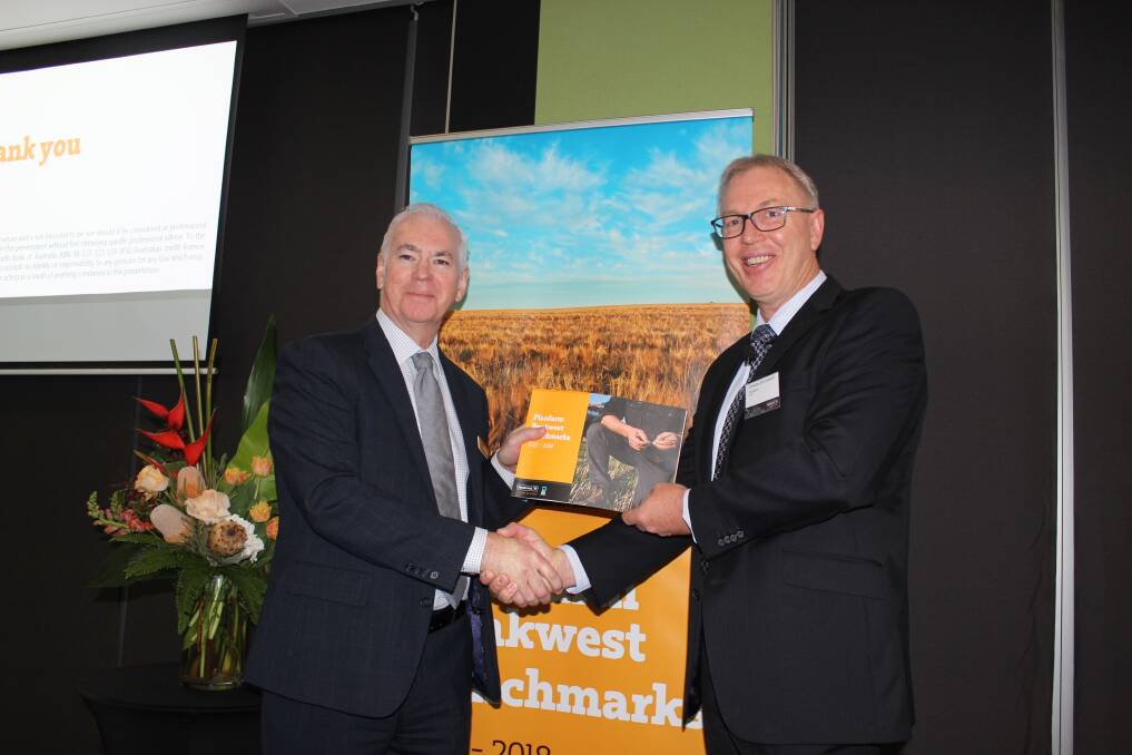 Bankwest's new head of rural and regional banking Greg O'Brien (left) and Planfarm managing director Graeme McConnell at the launch of the 2017-18 Planfarm Bankwest Benchmarks in Perth last Friday.