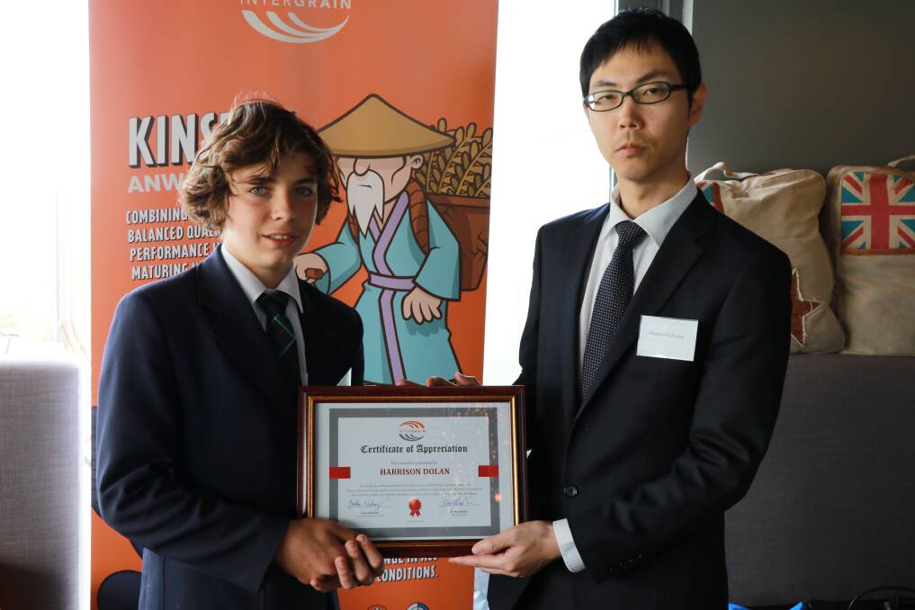 Great Southern Grammar student Harrison Dolan (left), Nyabing, named new InterGrain Noodle wheat variety Kinsei as part of a collaborative naming project between the Albany-based school and InterGrain. Mr Dolan was recognised for naming the noodle variety at its launch of Friday at Albany, and is pictured with Consulate-General of Japan (WA), vice consul Masafumi Otsuka. Photograph: Great Southern