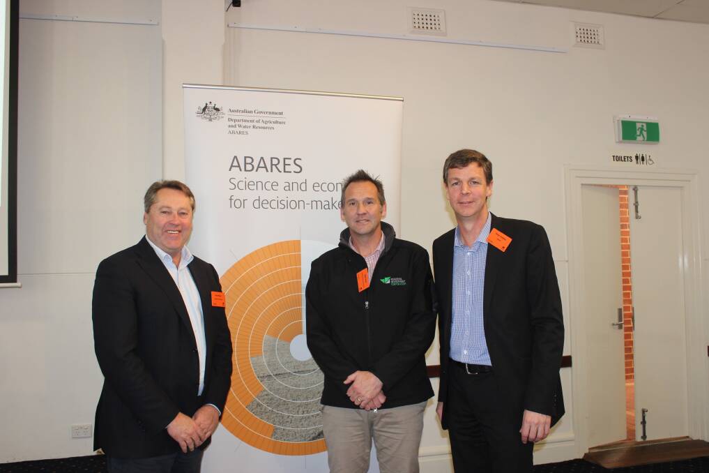  O'Connor MP Rick Wilson (left), acting chief executive of the Regional Investment Corporation Matt Ryan and Australian Bureau of Agriculture and Resource Economics and Sciences chief commodities analyst Peter Gooday were speakers at last week's regional outlook conference.