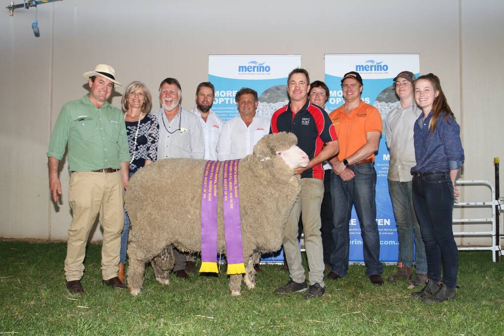 The Mullan family, Wickepin, broke through for their debut Western Australian show supreme exhibit win at the 2018 IGA Perth Royal Show on Sunday. With the champion medium wool Poll Merino ram and grand champion Poll Merino ram from the family's Eastville Park stud held by Eastville Park's Grantly Mullan were Mitchell Crosby (left), Landmark Breeding, Lee-Ann and Rob Mullan, Eastville Park, judges