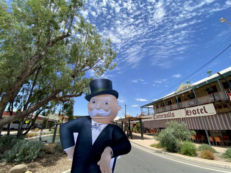 The Monolopy man pictured at the Tattersalls Hotel, Winton.