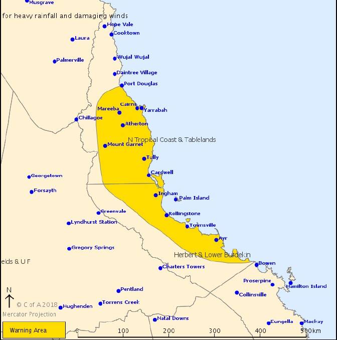 The BOM's severe weather warning map for North Queensland issued at 5pm on Sunday.