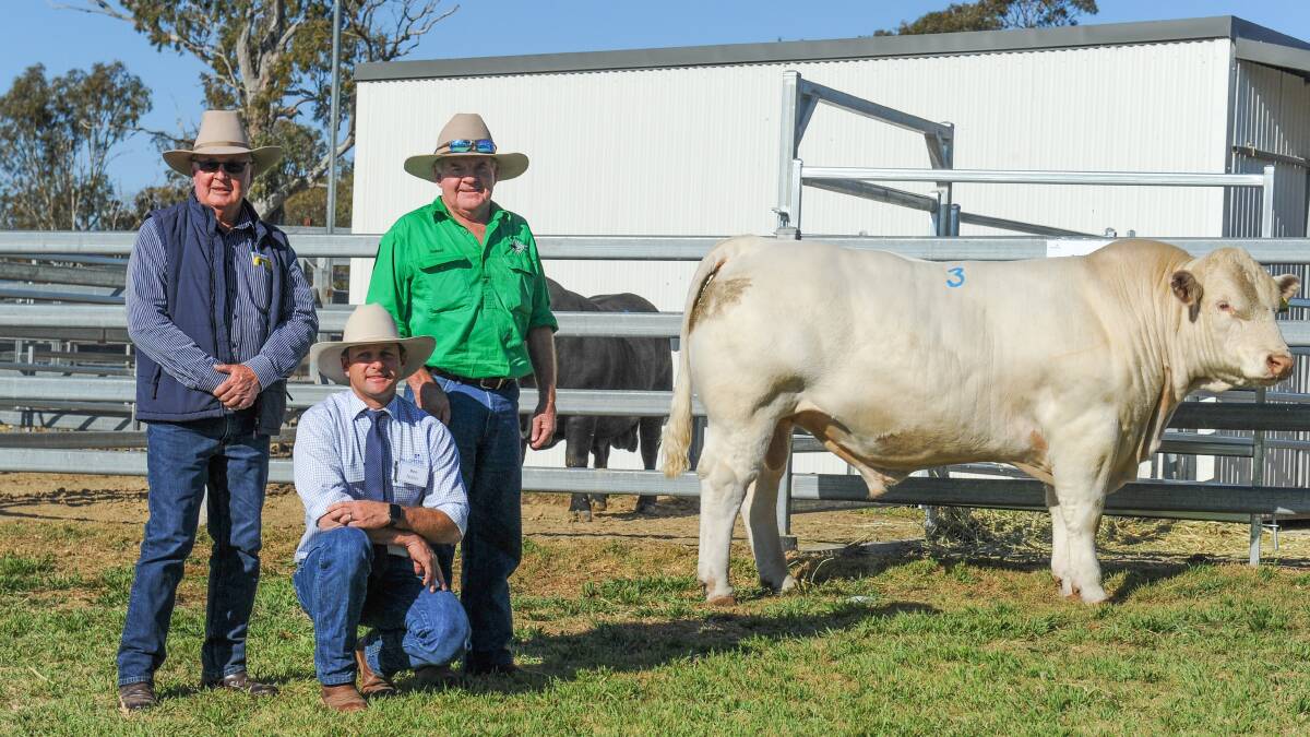 The $75,000 Palgrove Qracker with Jim Geaney from Geaney's at Charters Towers, Palgrove's Ben Noller and buyer Donald Burnett from Clermont. Photo: Lucy Kinbacher
