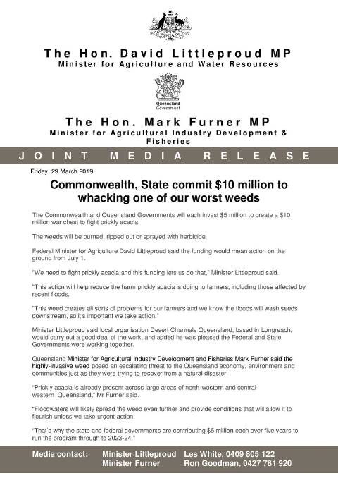 Federal Agriculture Minister David Littleproud and Queensland Agriculture Minister issued a joint media release saying both governments would contribute $5m each to create a $10m war chest to combat prickly acacia. 