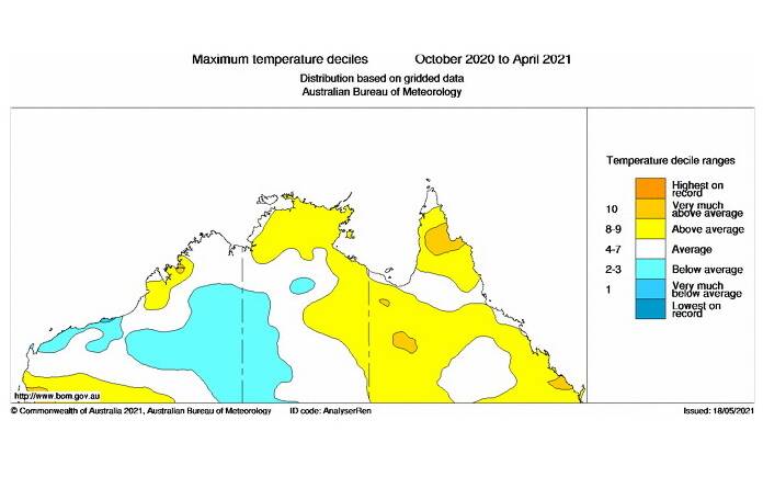 Northern Australia mean maximum temperatures for the 2020-21 wet season, compared with all years since 1910.