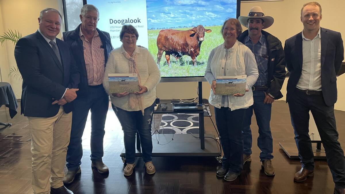 SOLD: Clayton Smith, JLL Agribusiness, vendors Darryl and Carmel Waugh, buyers Gavin and Helen Dales, Meandarra, and Chris Holgar, JLL Agribusiness.