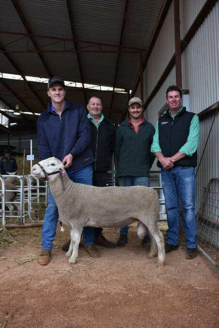 Prices hit a high of $6100 for this sire at the Yonga Downs White Suffolk on-property ram sale at Gnowangerup when it was purchased by the Kohat stud, Ongerup. With the ram were Yonga Downs stud principal Brenton Addis (left), Nutrien Livestock Breeding representative Roy Addis, buyer Rivers Hyde, Kohat stud and Nutrien Livestock auctioneer Mark Warren.